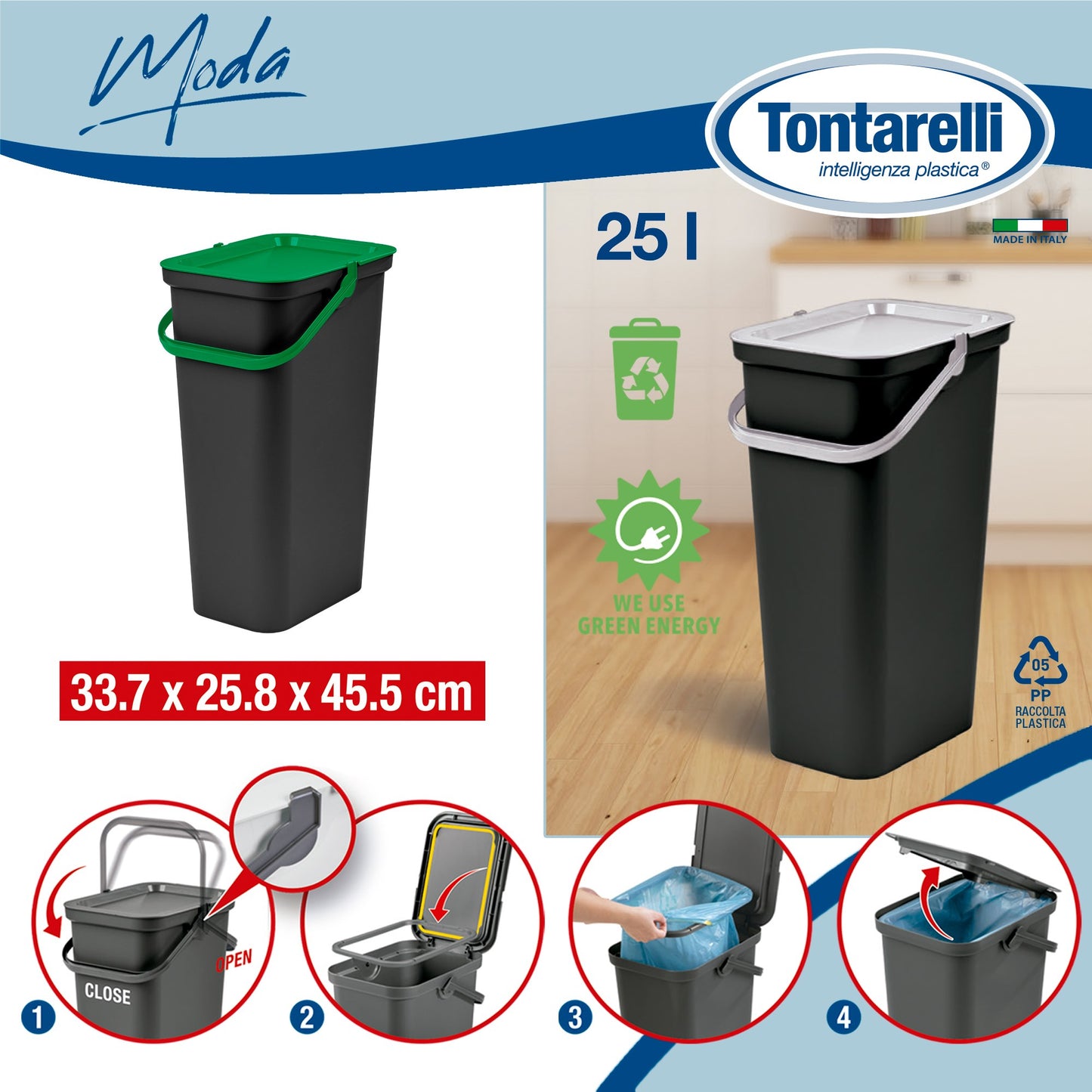 Papelera moda 25l Con Asa (cubo Negro-tapa Verde)