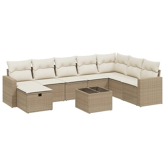 Set De Sofás De Jardín 9 Pzas Con Cojines Ratán Sintético Beige / Vetonek_0