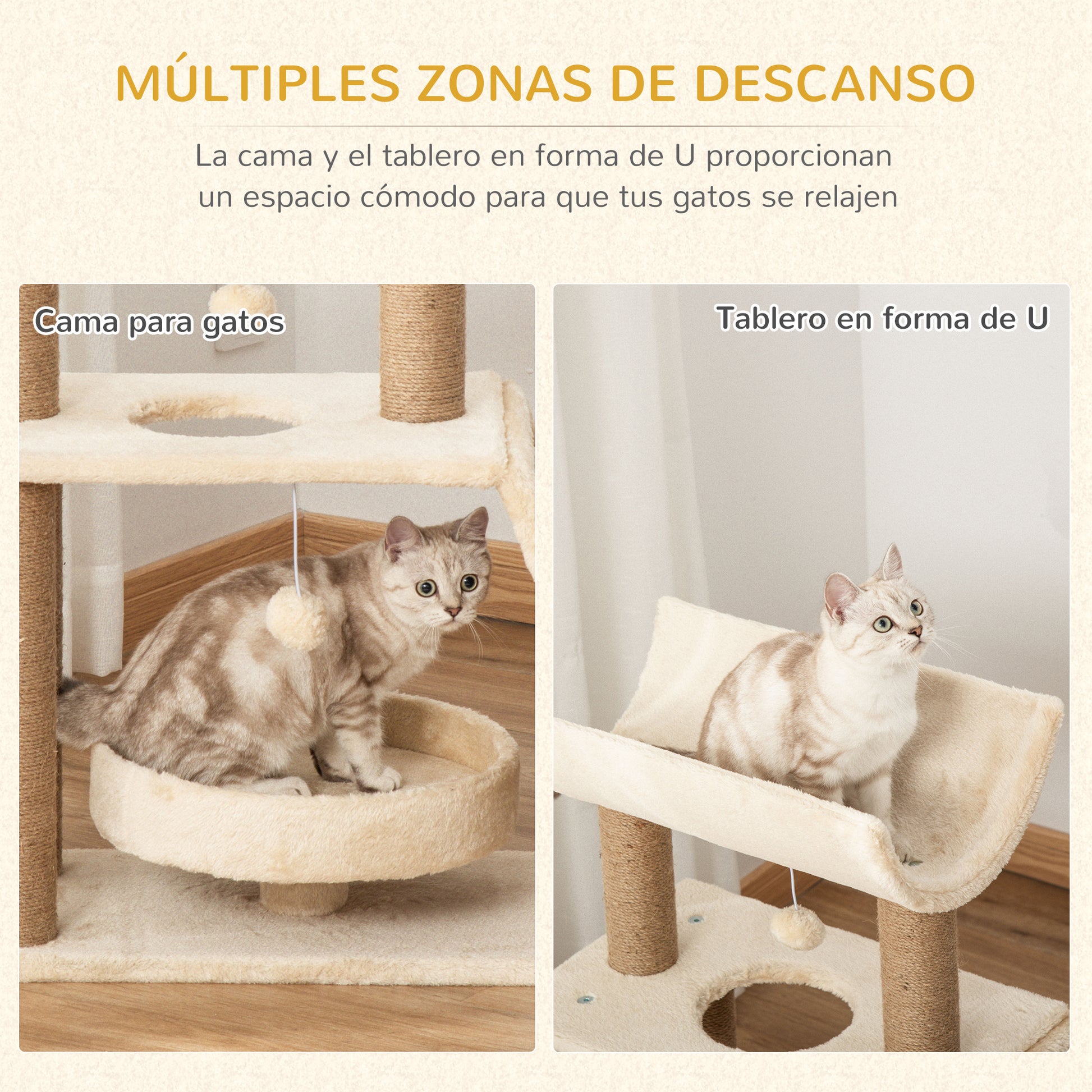 Pawhut Rascador Para Gatos Altura 76 Cm Con Plataforma En U Marrón Claro_4