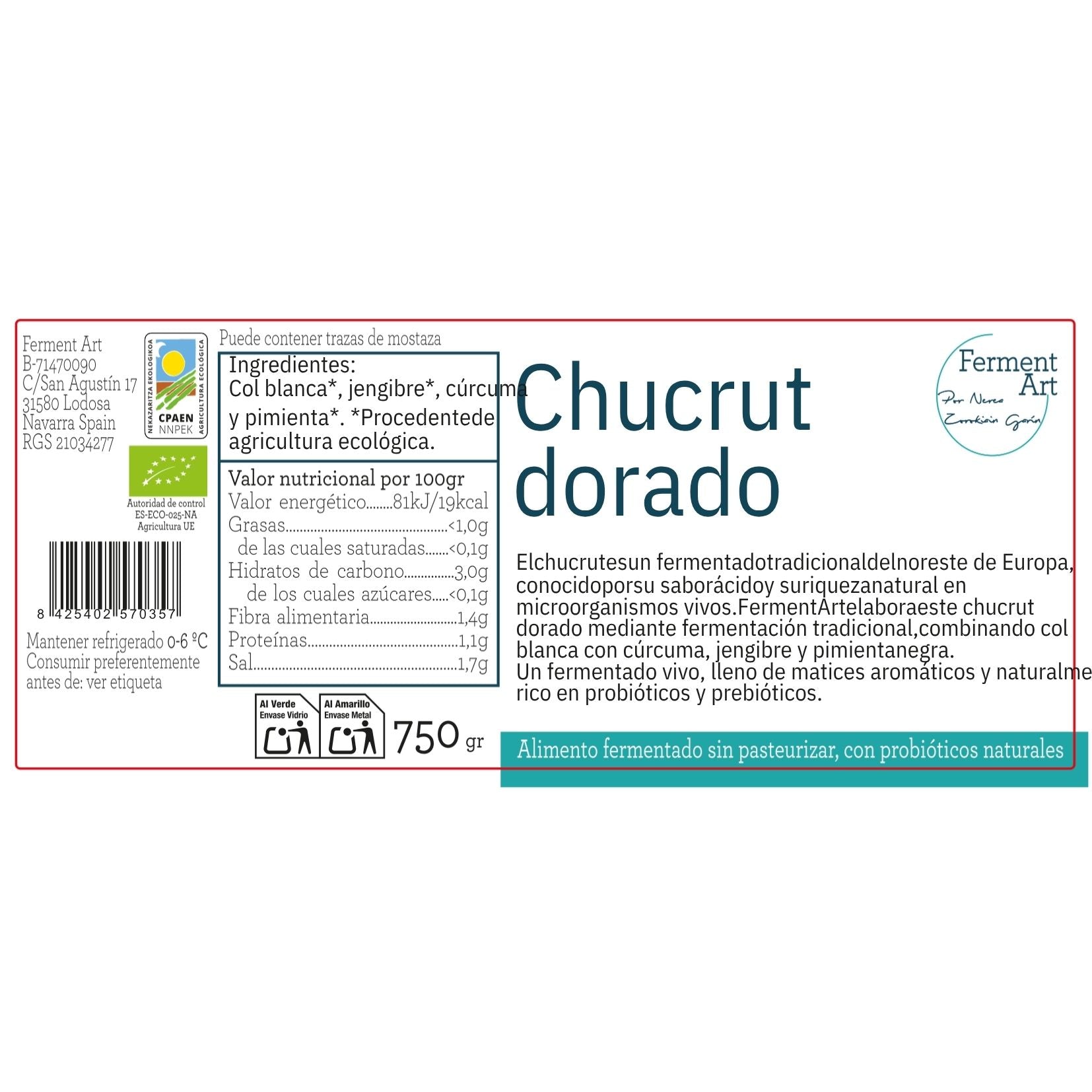 Chucrut Dorado Eco Sin Pasteurizar Ferment Art 750 Gr_1