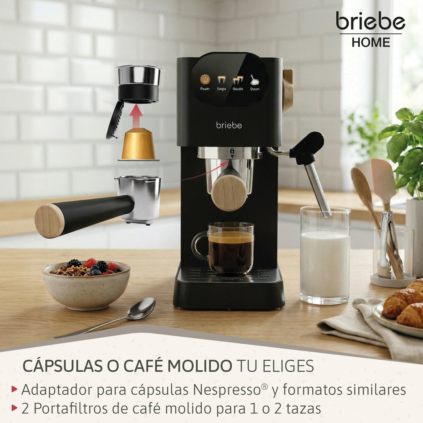 Briebe Nordic Cafetera Espresso 20 Bares Compatible Cápsulas Nespresso Y Café Molido Espumador Leche, Ec1180blk, Negro_3