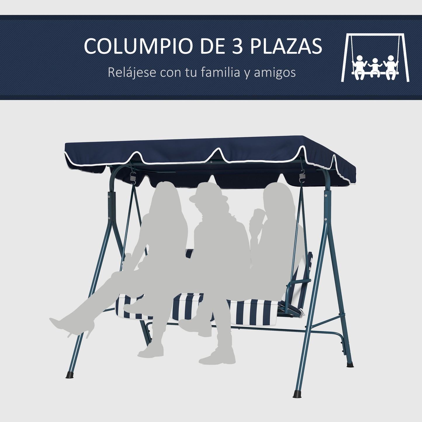 Outsunny Columpio Balancín De Jardín Exterior 3 Plazas 172x110x153 Cm Raya Azul_5