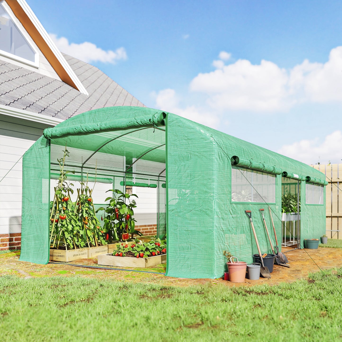 Outsunny Invernadero De Túnel 6x3x2 M Con 3 Puertas Enrollables Y Ventanas Verde_1