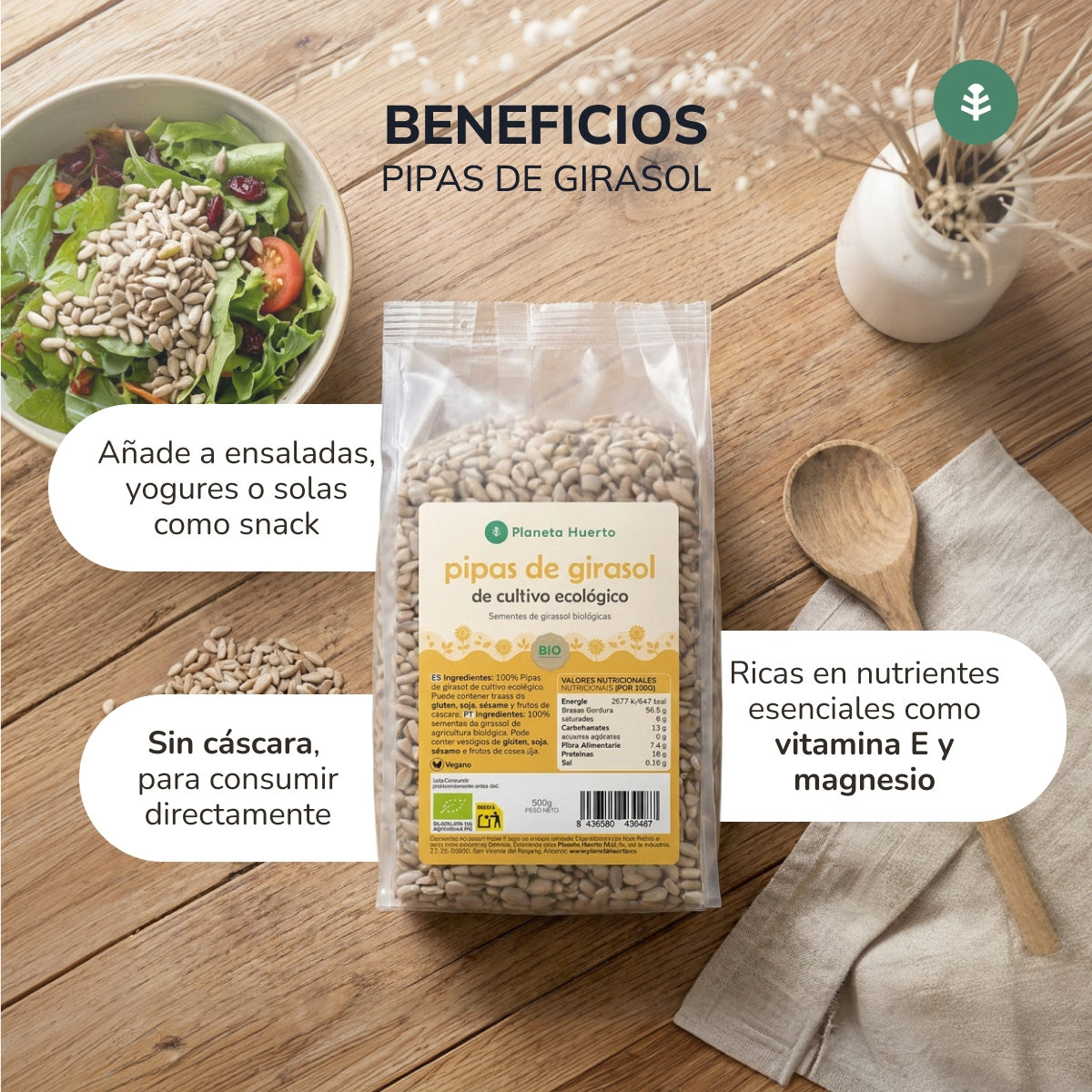 Pack 2x Pipas peladas de Girasol ECO Planeta Huerto 500 g