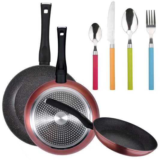 Pack De 3 Sartenes Ø20/24 Y 28 Cms + Set 24pc De Cubertería En Acero Inoxidable Con Mangos Multicolor_0