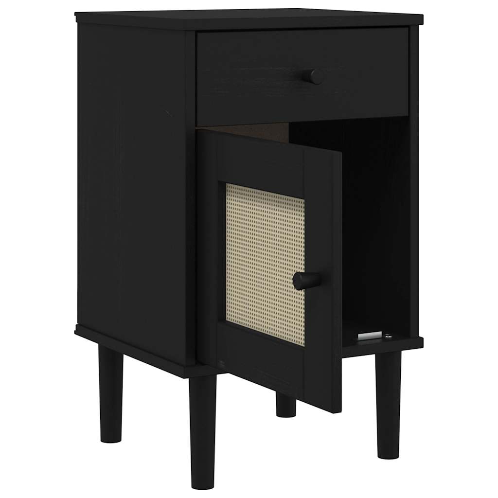 Mesita Noche Senja Aspecto Ratán Madera Pino Negro 40x35x65 Cm_3