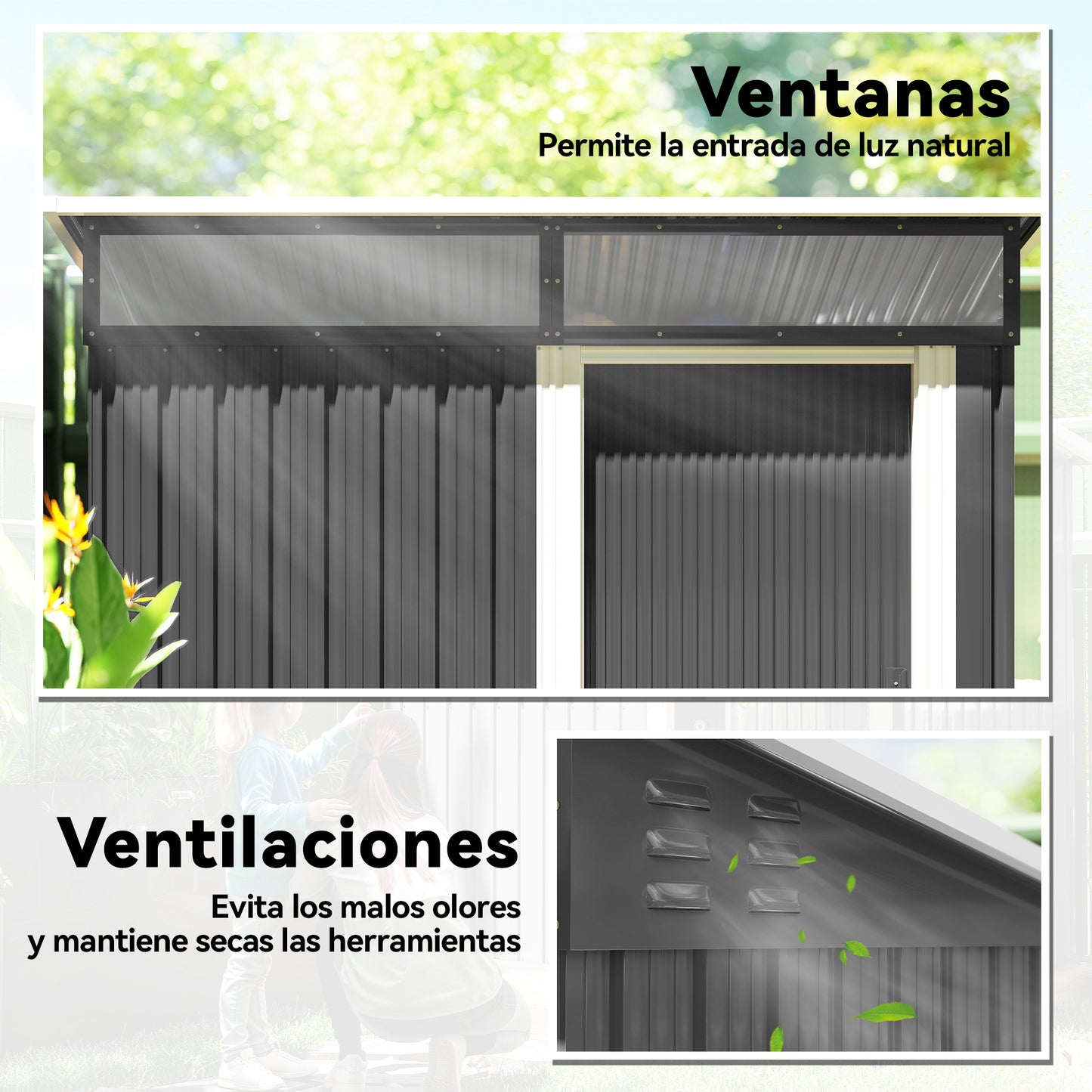 Outsunny Caseta De Jardín Exterior 1,9m² 195x122x182 Cm Con Base Refuerzo Gris_5
