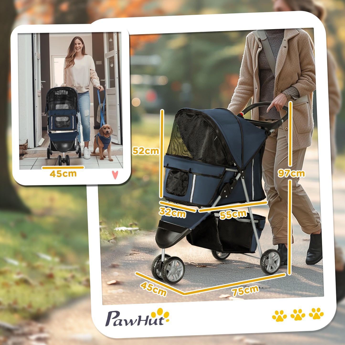 Pawhut Carrito Para Perros Plegable Con Cesta De Almacenaje 75x45x97 Cm Azul_2
