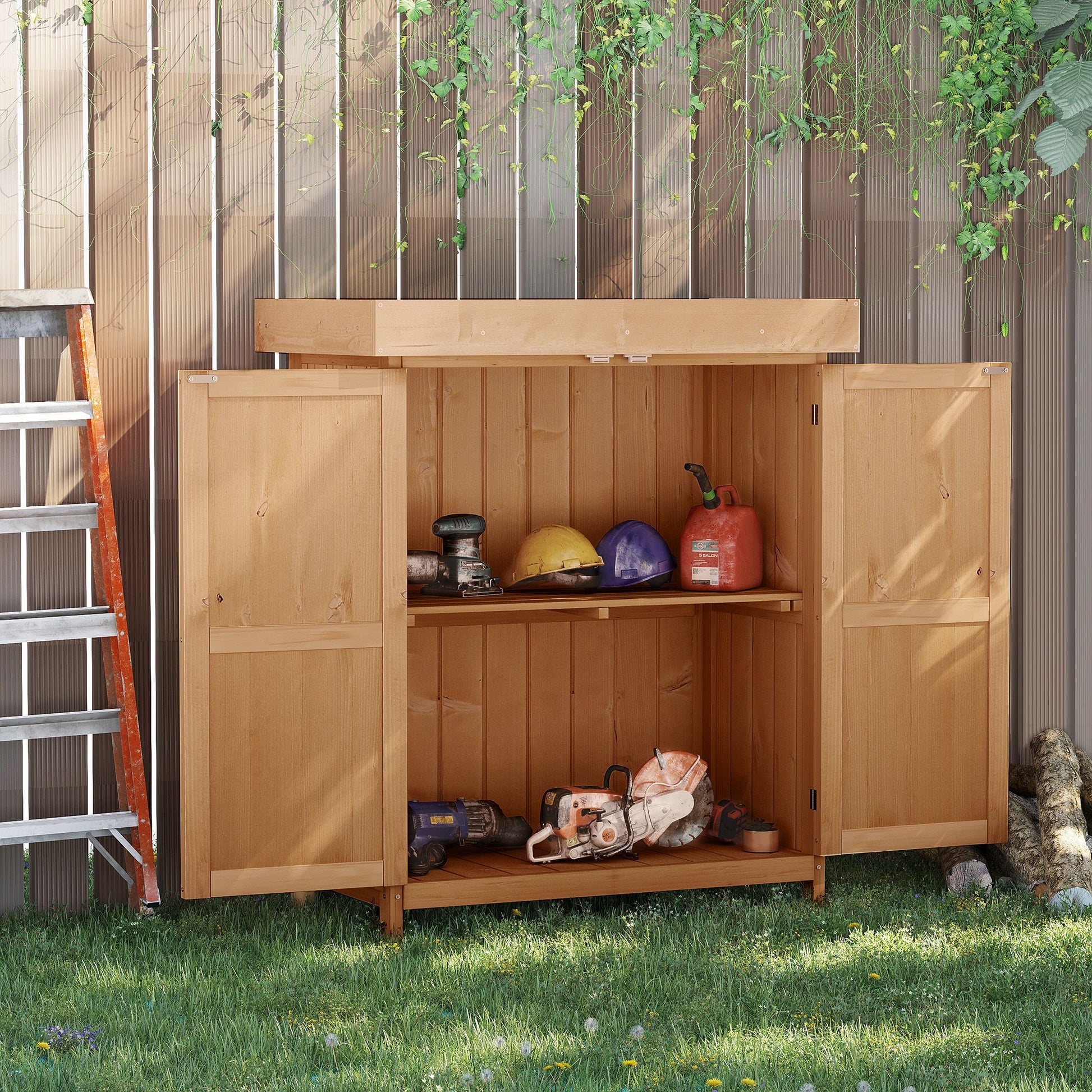 Outsunny Armario De Jardín De Madera Con 2 Puertas Techo Asfáltico 74x43x88 Cm_1