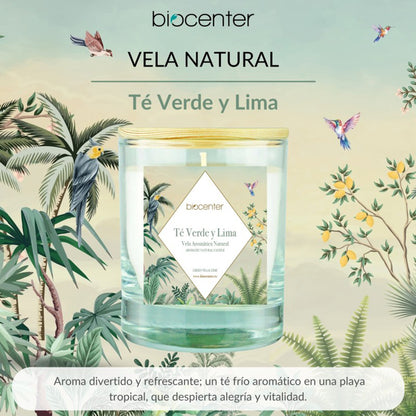 Vela natural Té verde y Lima - cera vegetal y aceites esenciales, Biocenter, 200 gr