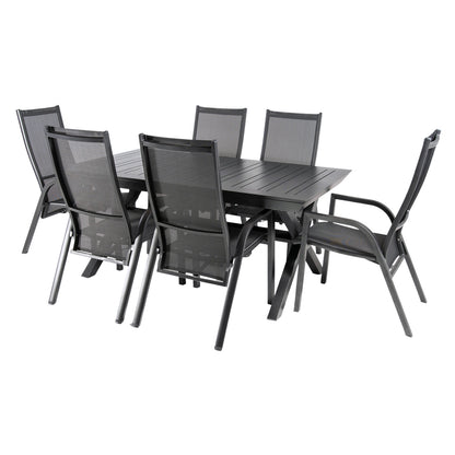 Conjunto Mesa Exterior Extensible 170/240 Y 6 Sillones Reclinables, Aluminio Antracita, Textilene Plata Y Negro, 6 Plazas_0