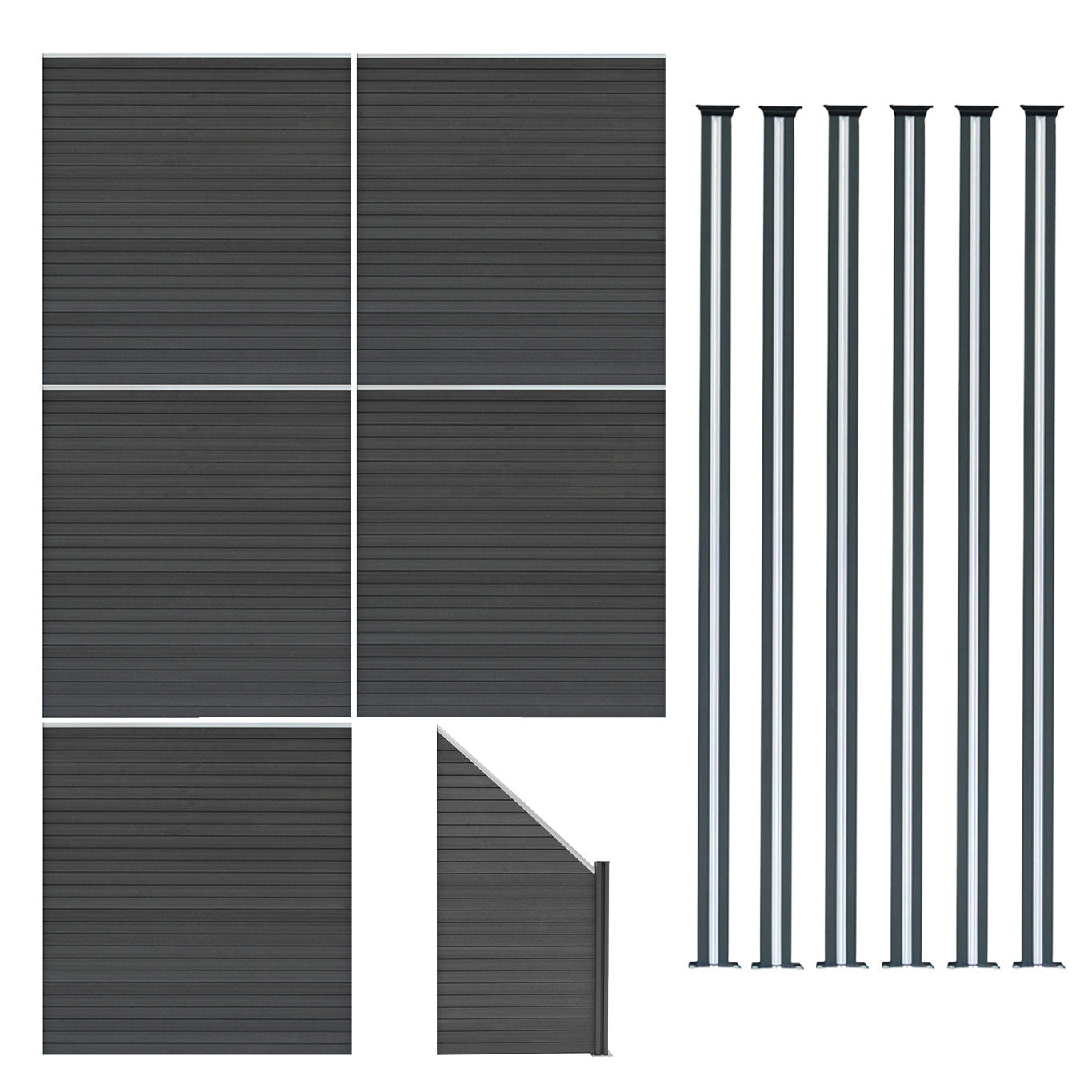 Vallas Para Exteriores De Wpc Y Aluminio - 5x Paneles Cuadrados + 1x Oblicuo + 6x Postes Con Led | Gris_0