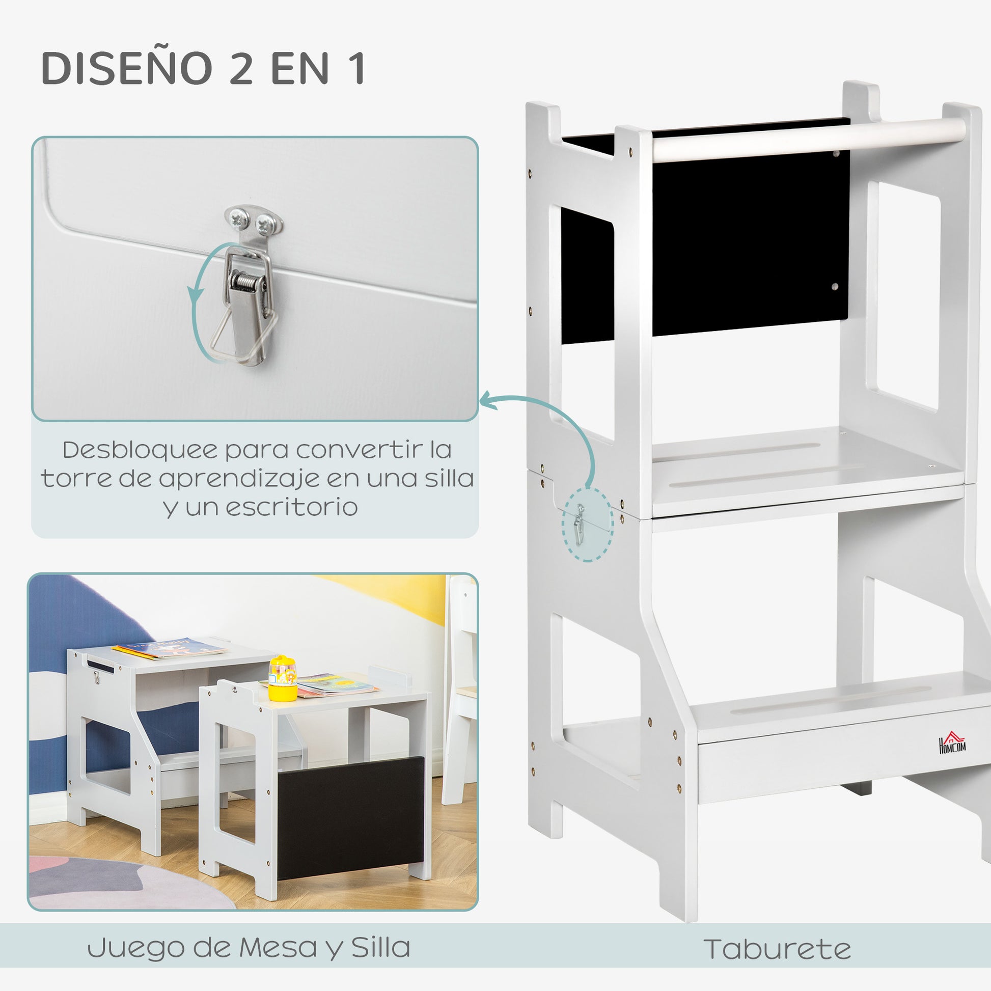 Homcom Torre De Aprendizaje 2 En 1 Con Pizarra 42x44x86 Cm Gris_3