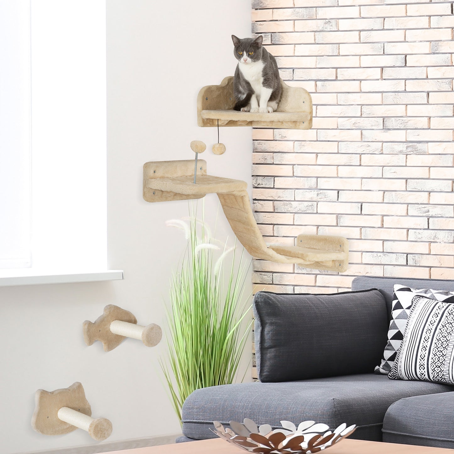 Pawhut Juego De Estanterías Para Gatos De 4 Piezas De Pared Beige_1