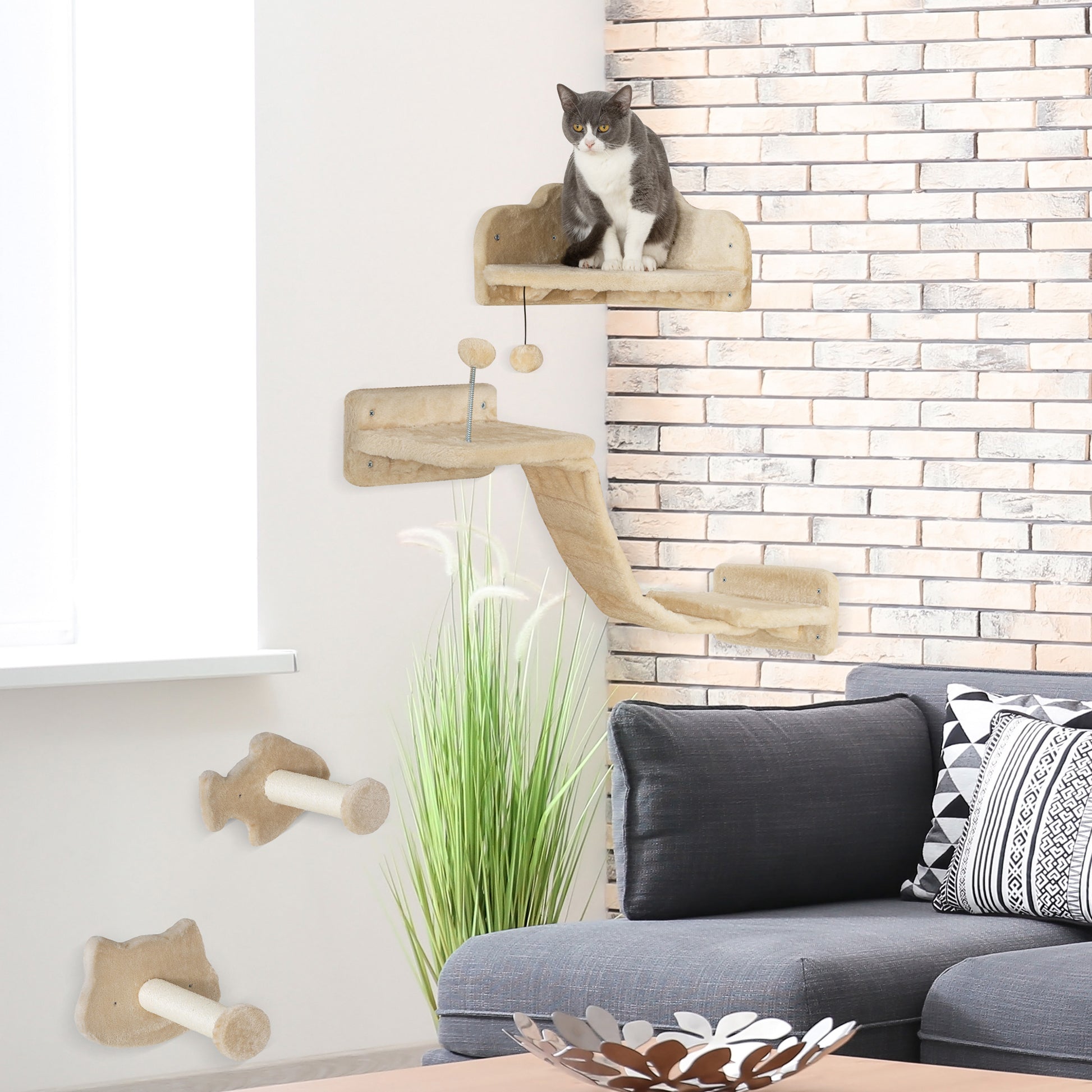 Pawhut Juego De Estanterías Para Gatos De 4 Piezas De Pared Beige_1