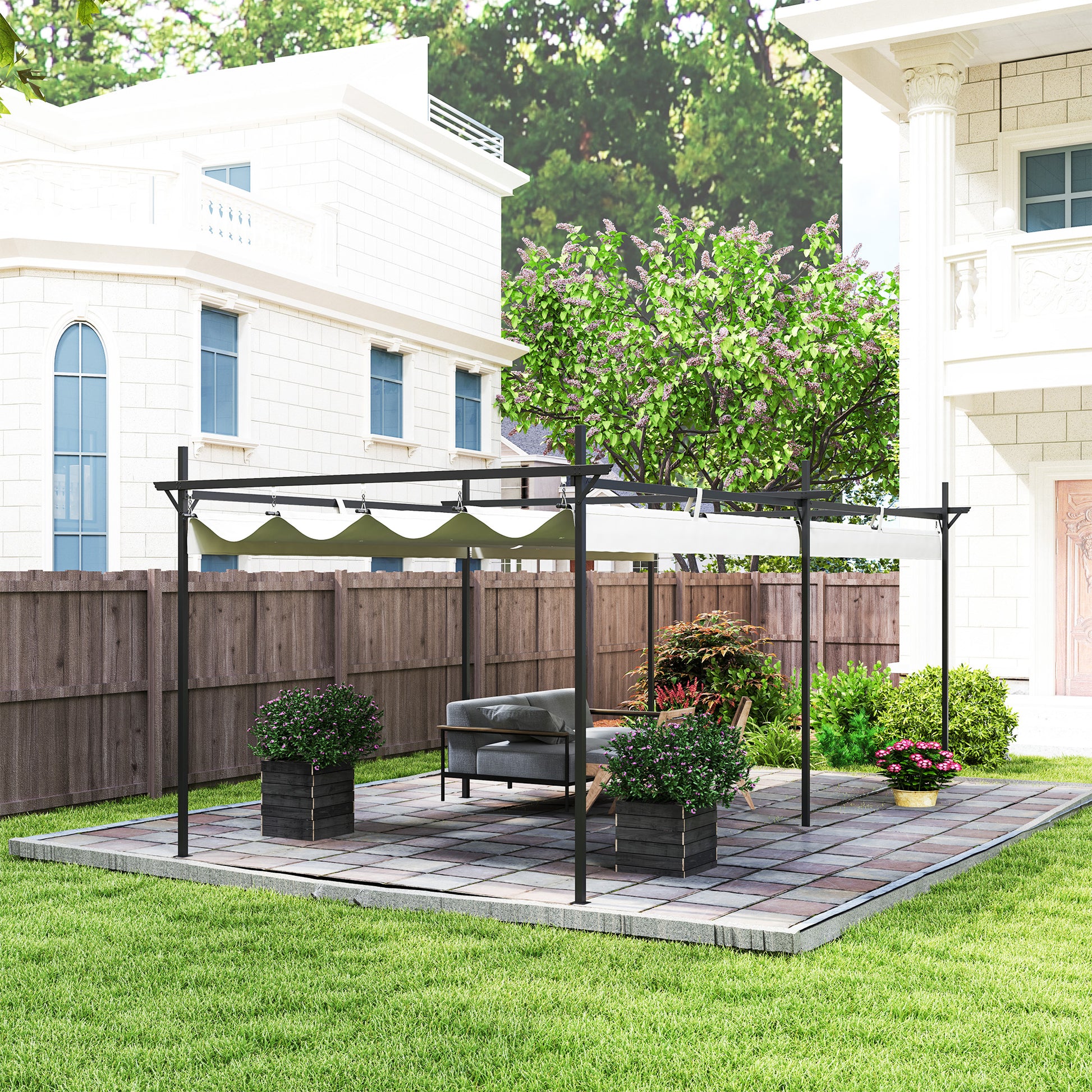 Outsunny Pérgola Con Techo Retráctil 6x3 M Anti-uv Resistente Al Agua Crema_4