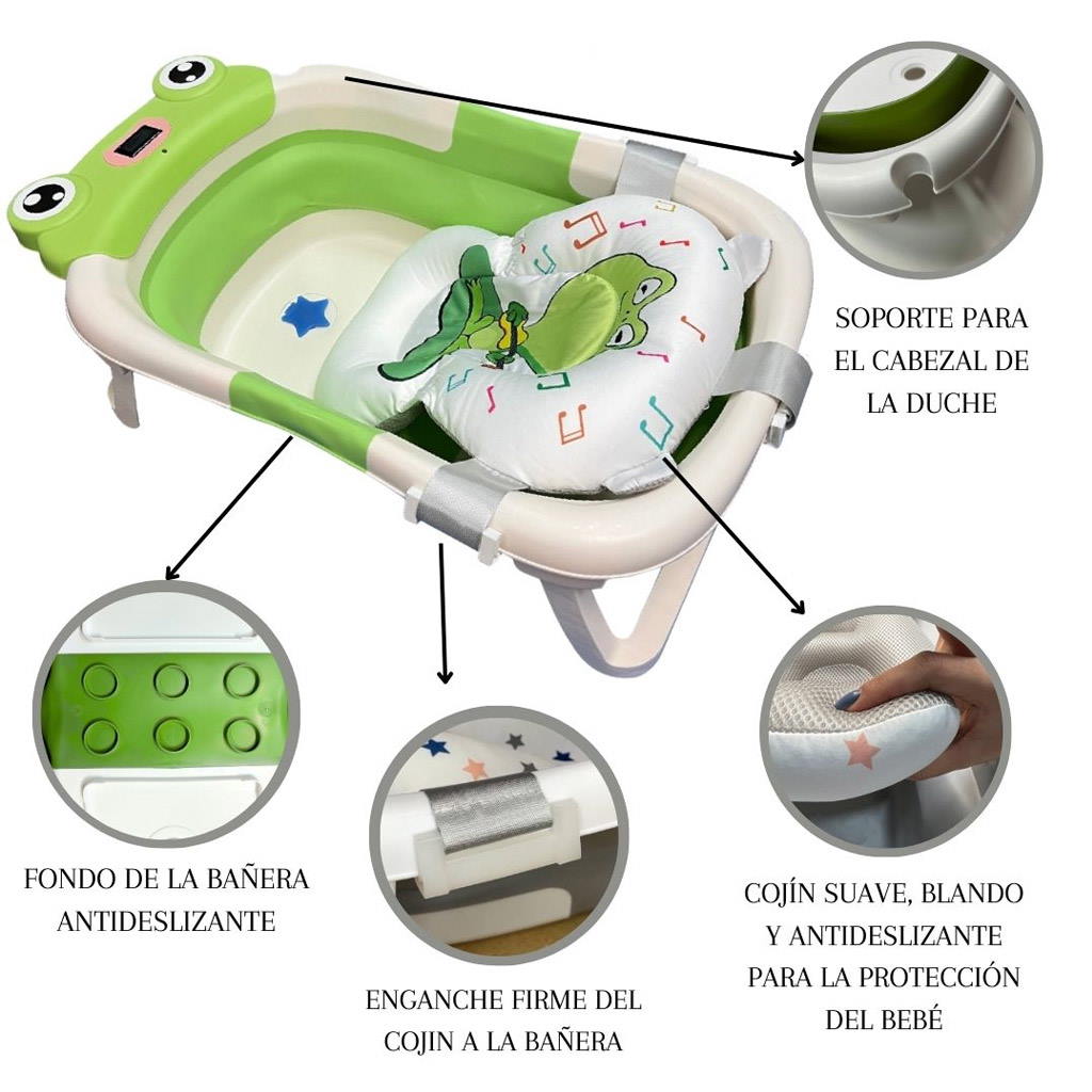 Bathby Bañera Plegable Para Bebés Recién Nacidos, Cojín Rana, Termómetro, Patas Antideslizantes (verde Rana)_4