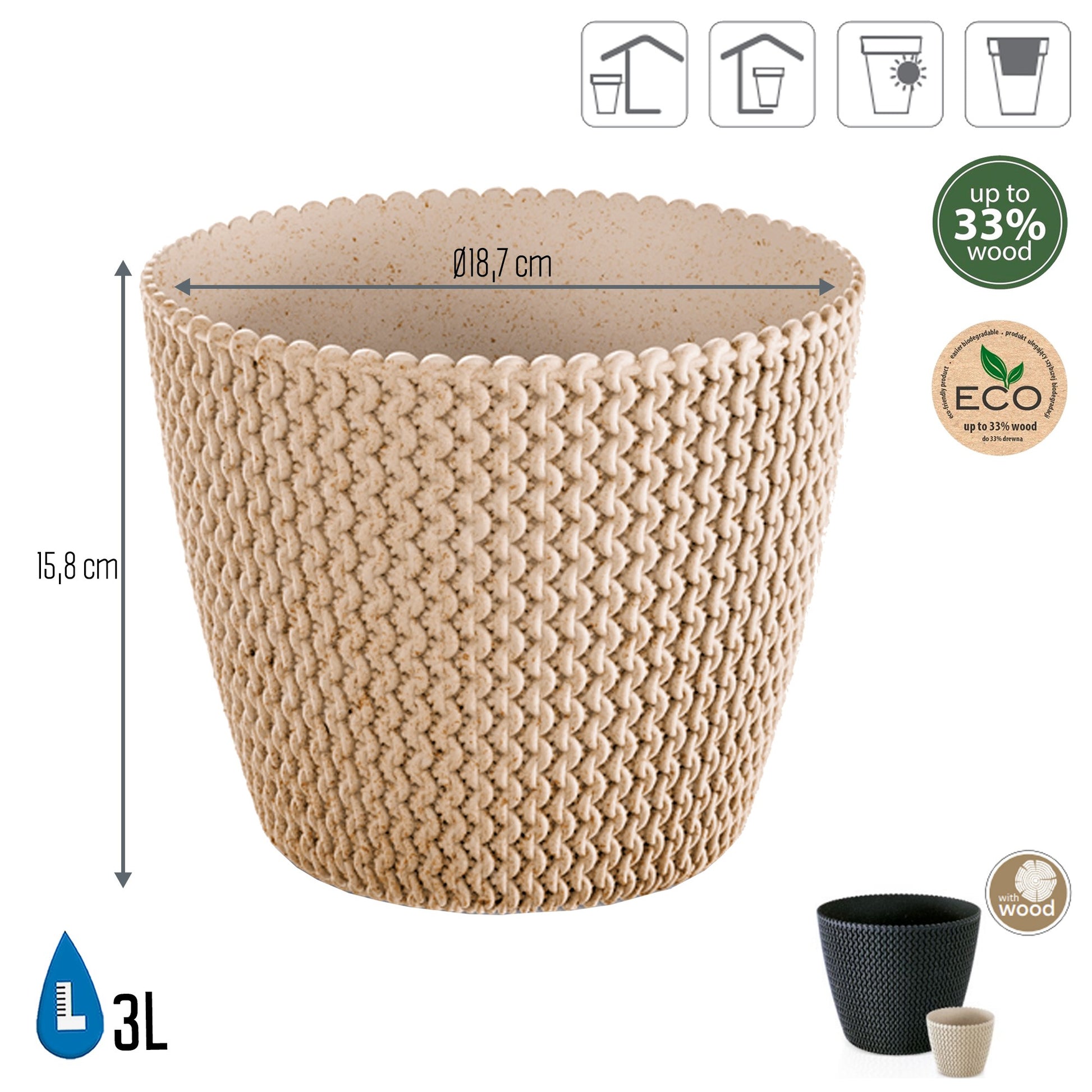 Macetero Color Ocre,sin Depósito , Colección Splofy Eco Wood De 18,7cm X 18,7cm X 15,8cm Cm, Capacidad De 3 L._2