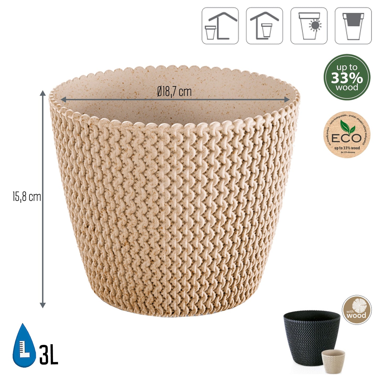 Macetero Color Ocre,sin Depósito , Colección Splofy Eco Wood De 18,7cm X 18,7cm X 15,8cm Cm, Capacidad De 3 L._2