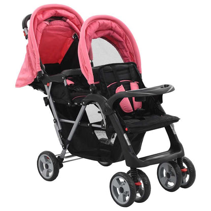 Vidaxl Carrito Para 2 Niños Tandem De Acero Rosa Y Negro_1