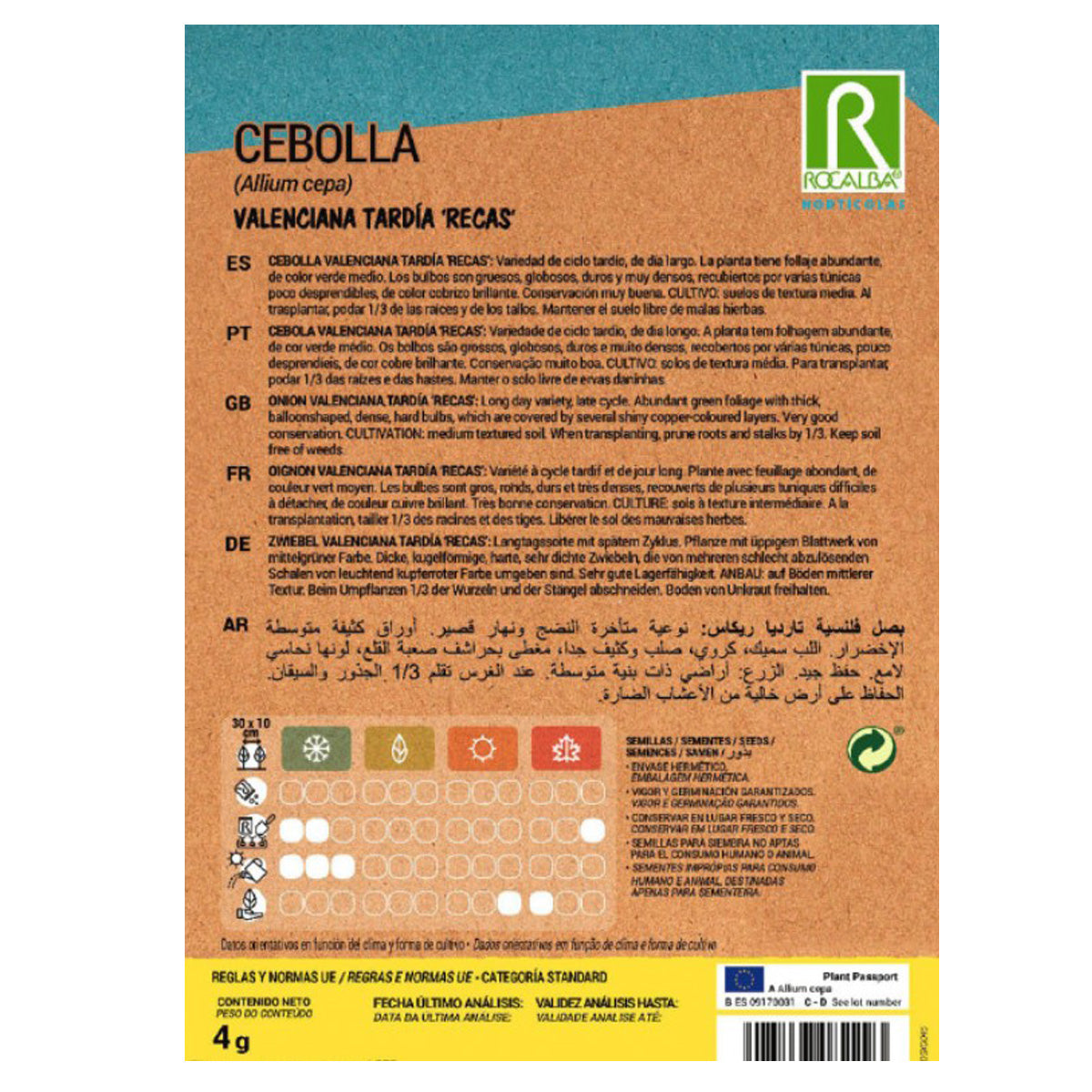 Semillas de Cebolla Valenciana tardía en cinta, Rocalba