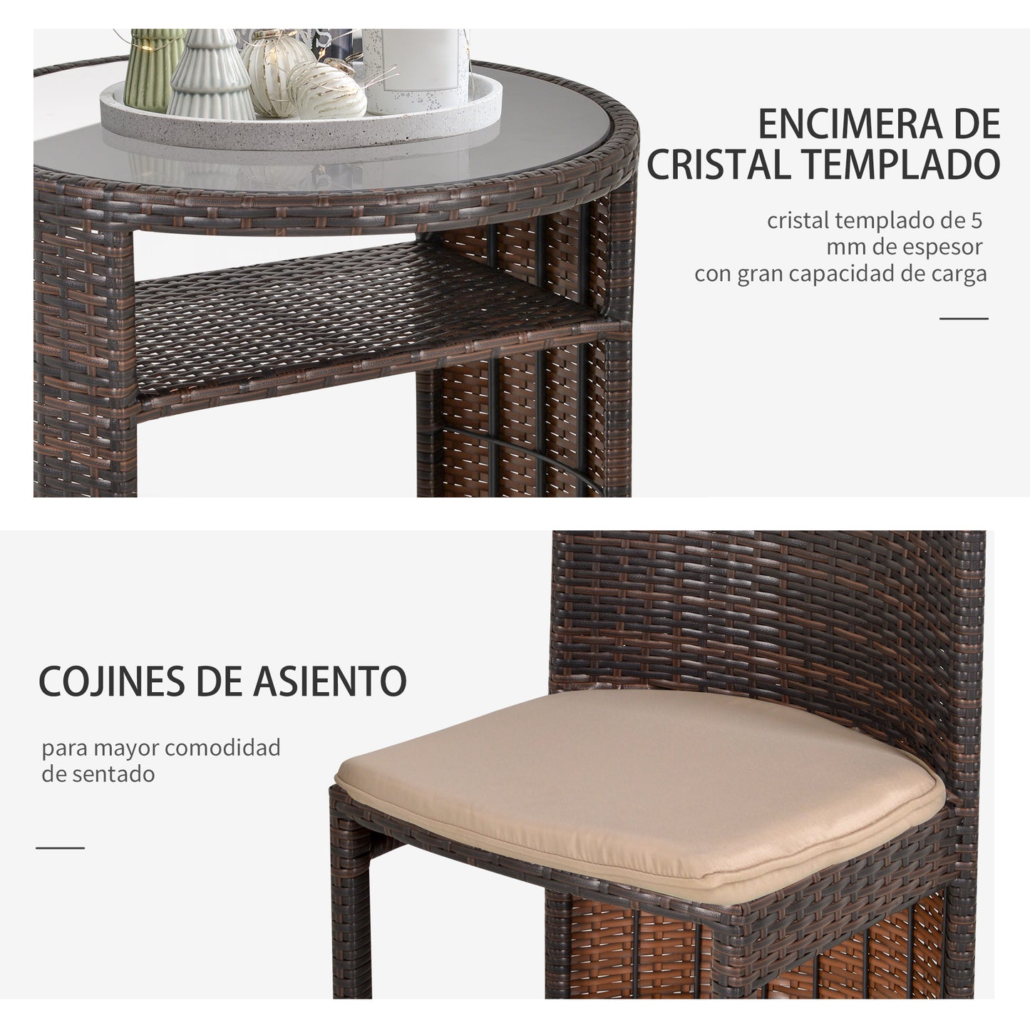 Outsunny Conjunto De Muebles Ratán De 3 Piezas 1 Mesa Y 2 Sillas 71x53.5x51 Cm_5