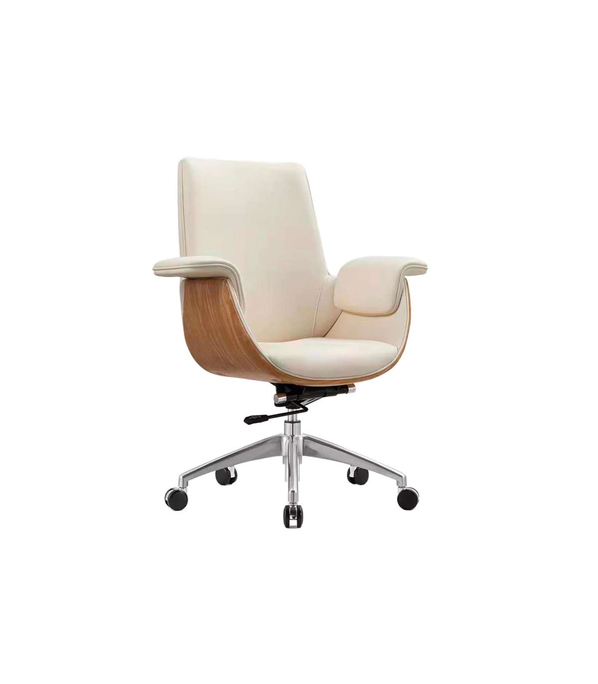 Sillón Giratorio Omega Bajo Tapizado En Simil Piel Crema/madera, 97-116cm(alto) 69cm(anch_0