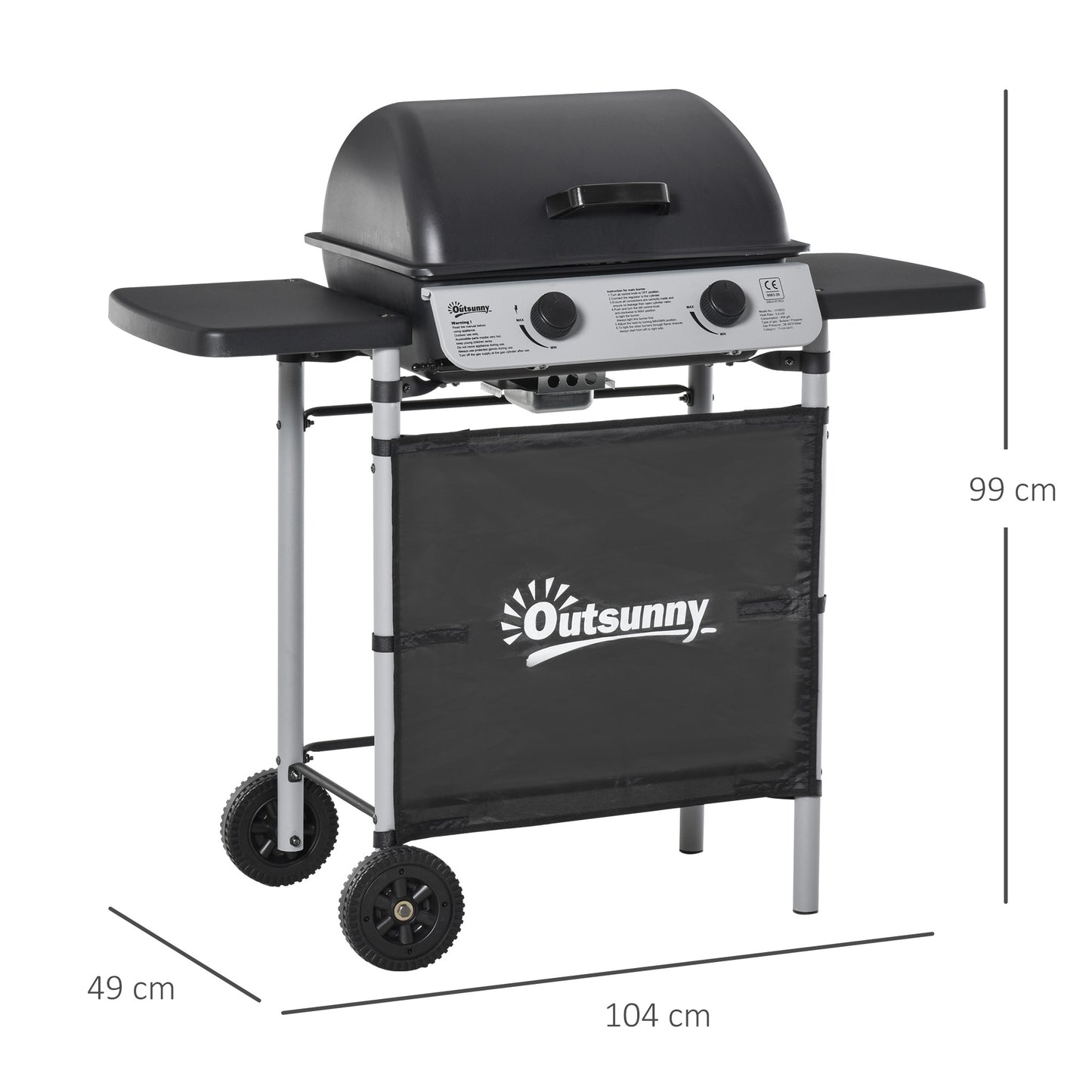 Outsunny Barbacoa De Gas Con 2 Quemadores 5,6 Kw 2 Ruedas 2 Mesas Negro_2