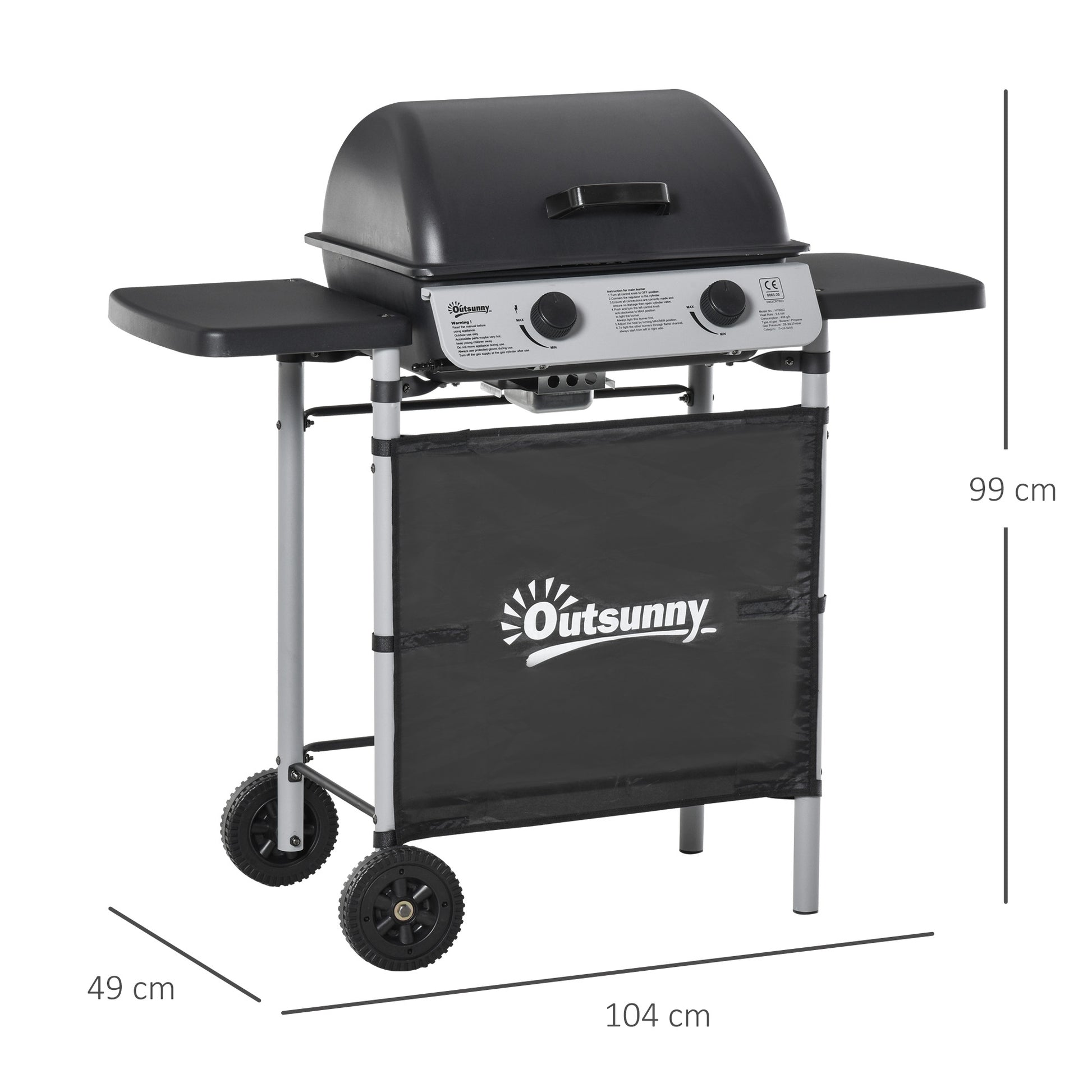 Outsunny Barbacoa De Gas Con 2 Quemadores 5,6 Kw 2 Ruedas 2 Mesas Negro_2