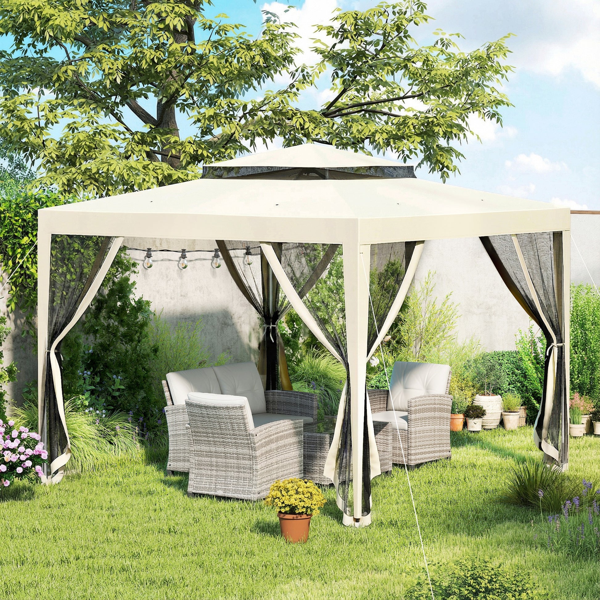 Outsunny Carpa De Jardín 3x3 M Con 4 Mosquiteras Laterales Techo Doble Beige_4
