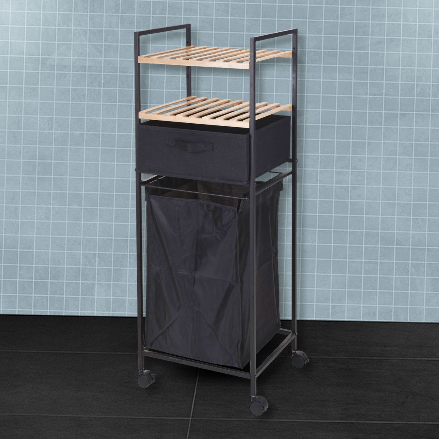 Well Home Estantería De Baño Con 2 Estantes + Bolsa De Lavandería En Poliéster De 40l, H.109cm
