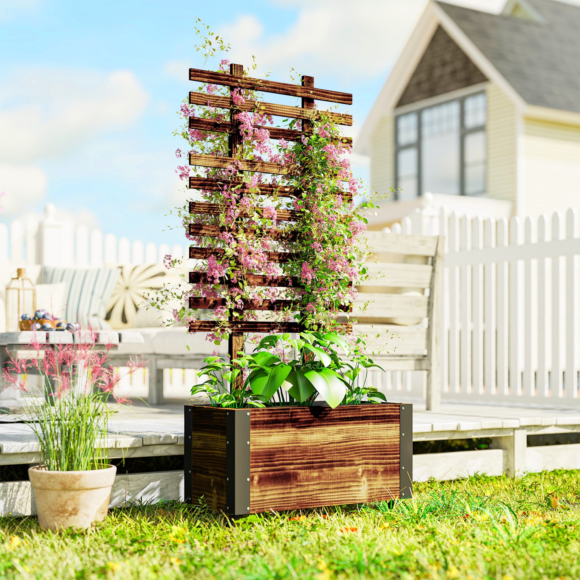 Outsunny Jardinera Con Ruedas Y Celosía 65x31x147 Cm Carbonizado_1