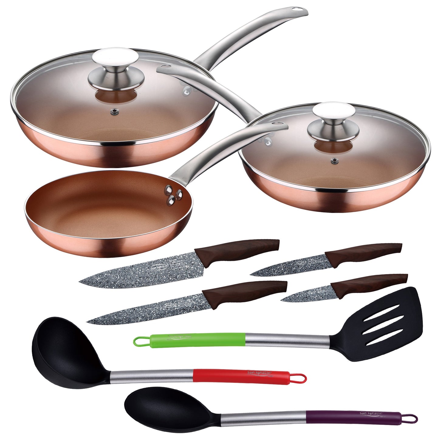 Set 5pc Sartenes (con Tapa) Aluminio Prensado Inducción Con Set 3pc Utensilios De Cocina Nylon Con Set 4pc Cuchillos Acero Inoxidable_0