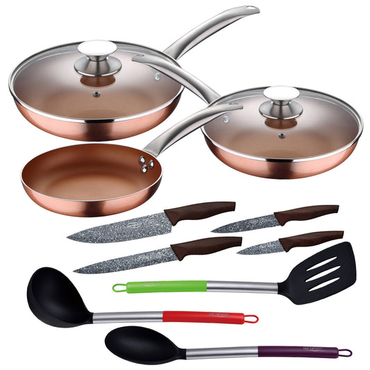 Set 5pc Sartenes (con Tapa) Aluminio Prensado Inducción Con Set 3pc Utensilios De Cocina Nylon Con Set 4pc Cuchillos Acero Inoxidable_0
