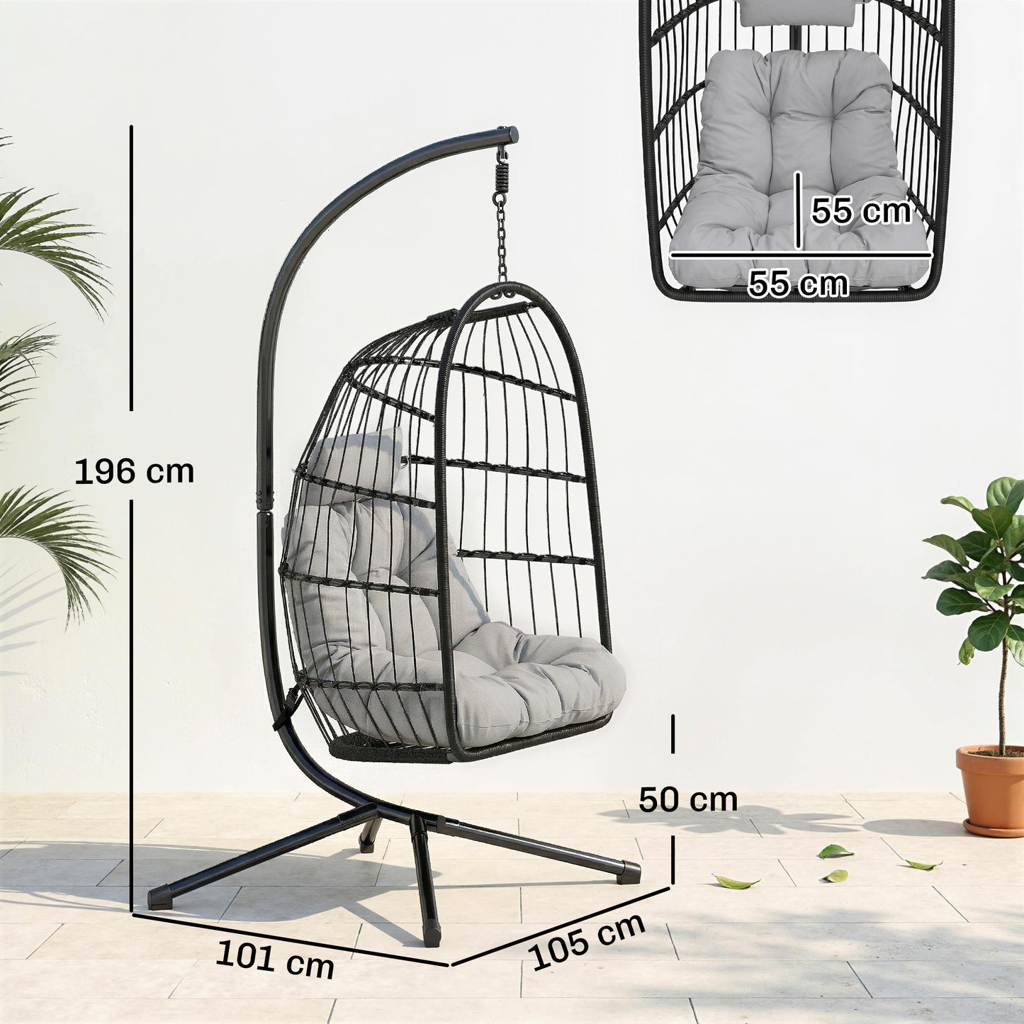 Outsunny Silla Colgante Huevo Con Soporte Cesta Plegable Cojín Altura Ajustable_2