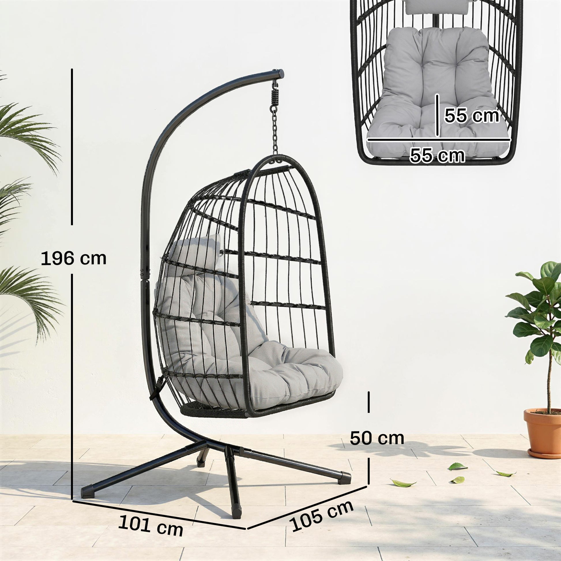 Outsunny Silla Colgante Huevo Con Soporte Cesta Plegable Cojín Altura Ajustable_2