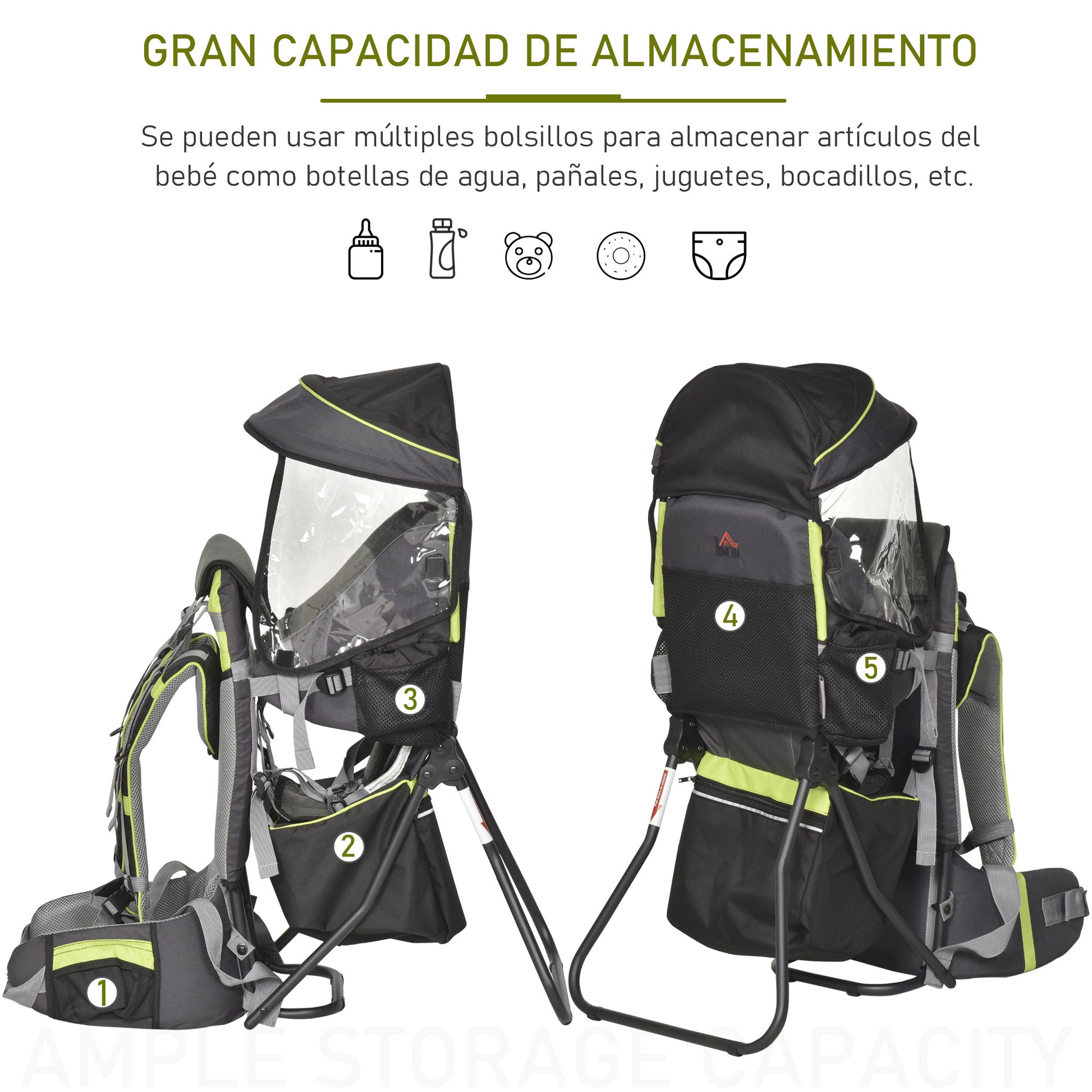 Homcom Mochila Portabebés Plegable Con Techo Impermeable Para 6-36 Meses Verde_5