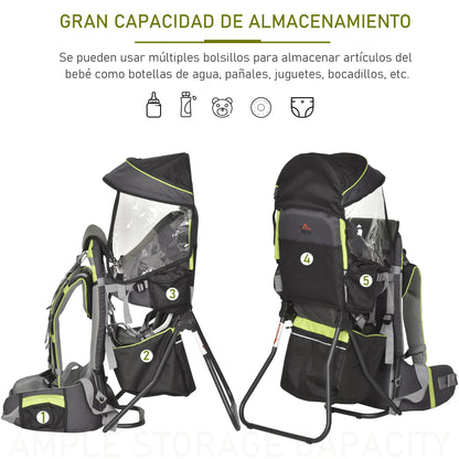 Homcom Mochila Portabebés Plegable Con Techo Impermeable Para 6-36 Meses Verde_5