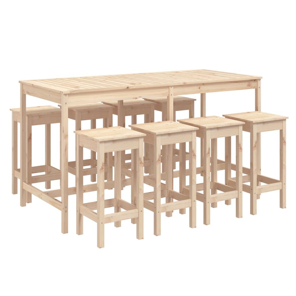 Vidaxl Mesa Y Taburetes Altos Jardín 9 Piezas Madera Maciza De Pino_0
