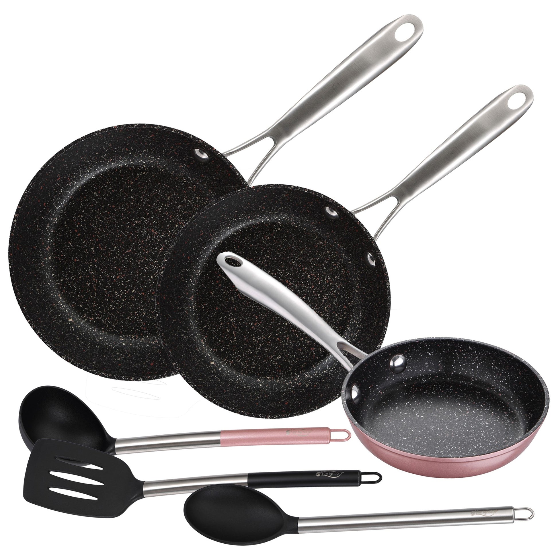 Set Sartenes 16x4.0 , 20x5.0 Cm Y 28x6.0 Cm, Aluminio Forjado, Aptas Para Inducción. Con Juego 3 Utensilios De Cocina Nylon San Ignacio Vita_0