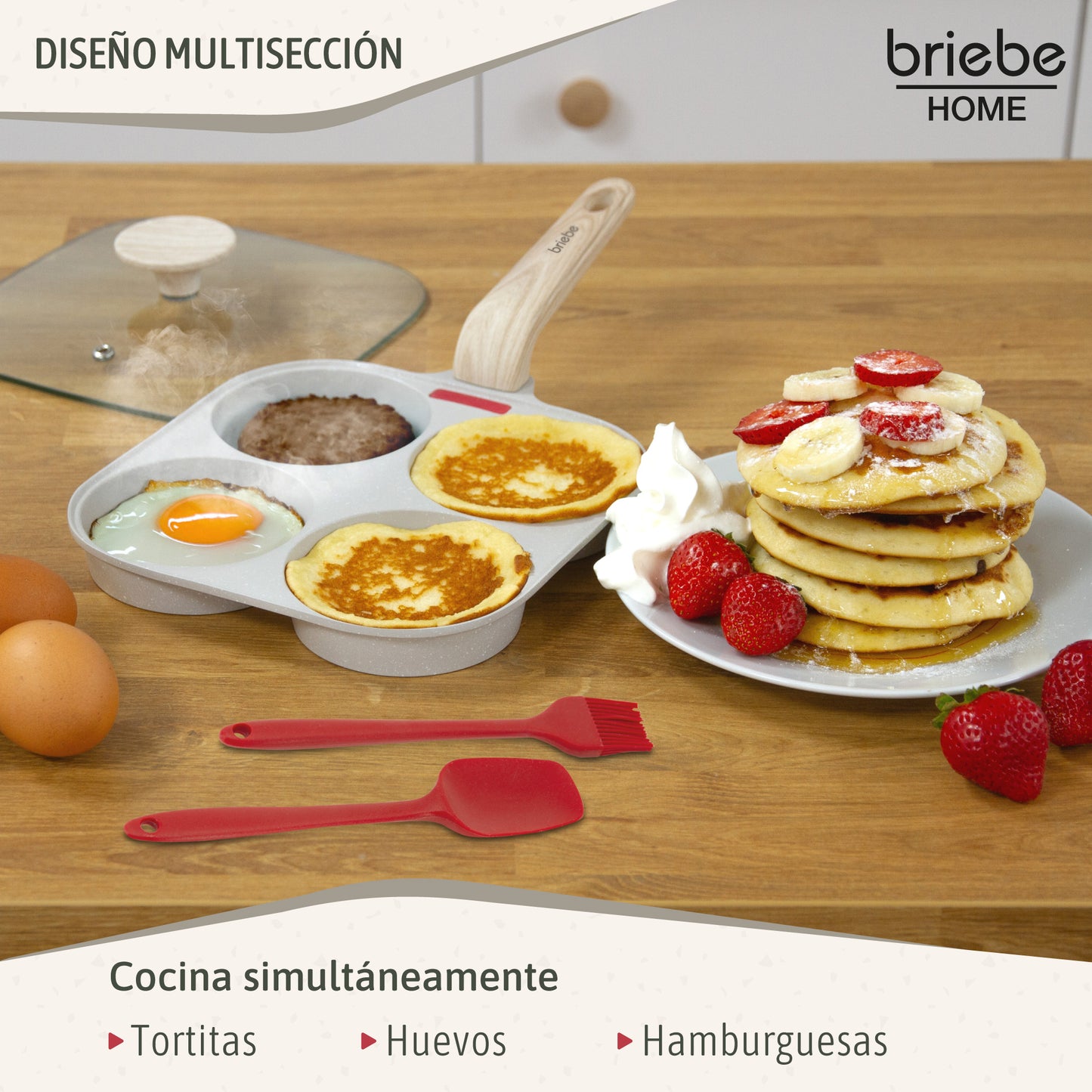 Briebe Sartén 4 Tortitas Huevos Fritos Poché, Tapa Vidrio, Aluminio Antiadherente Libre De Ptfe Y Pfoa, Fpe1176, Crema_2