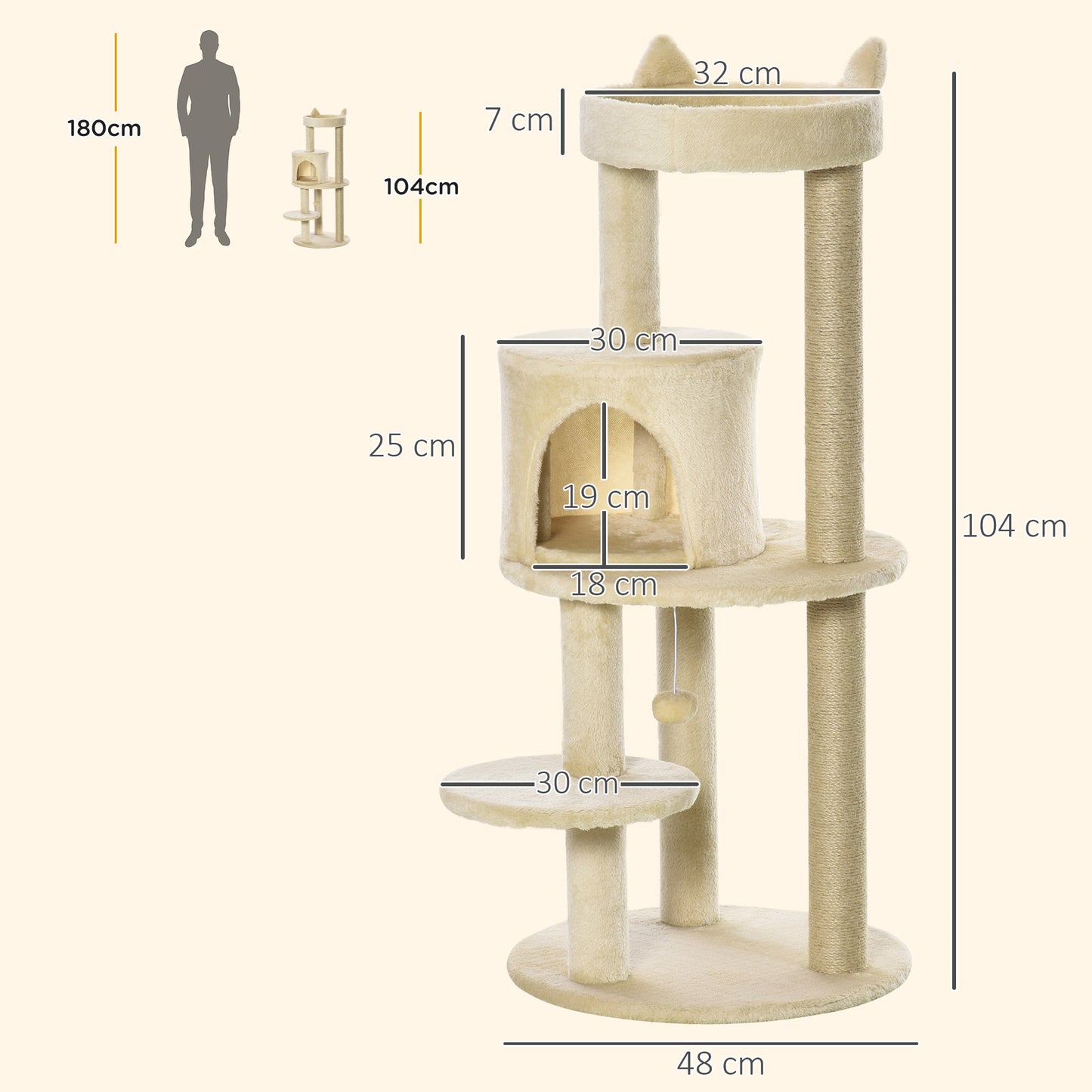 Pawhut Árbol Rascador Para Gatos 104 Cm Con Plataformas Refugio Postes De Sisal_2