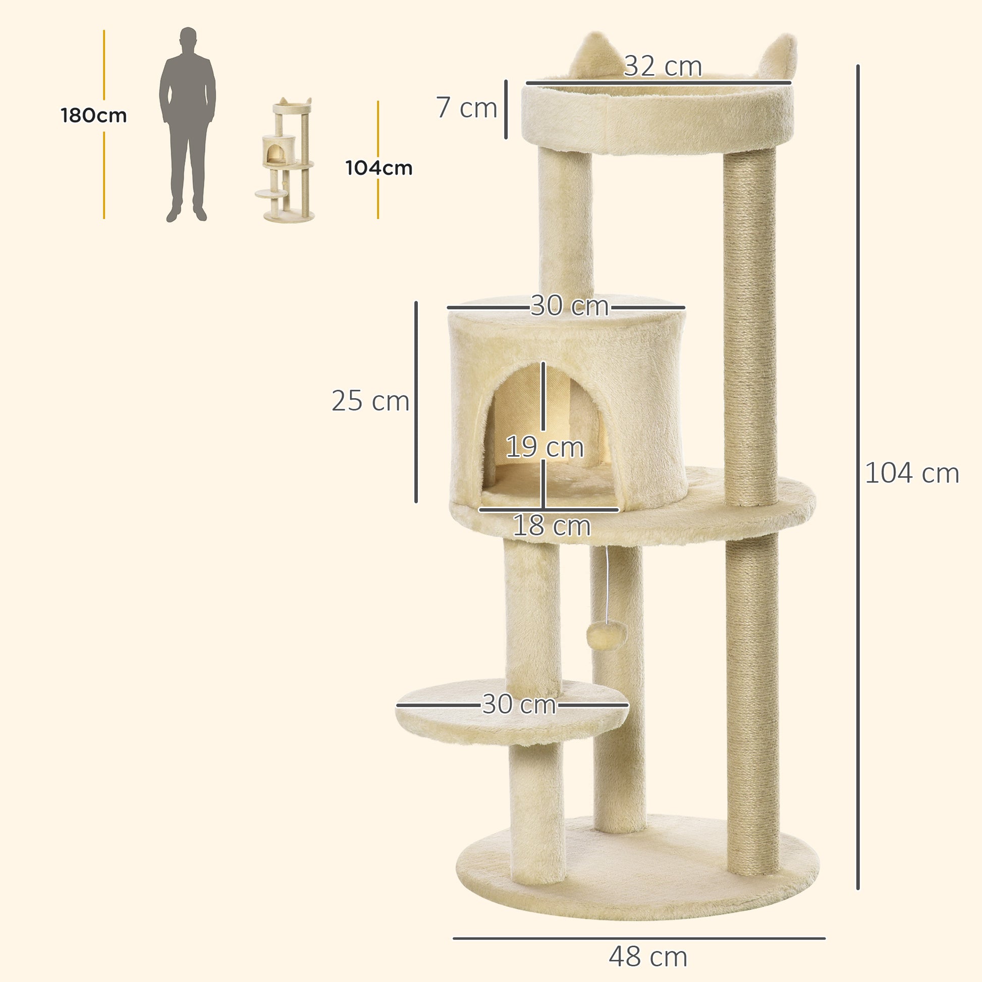 Pawhut Árbol Rascador Para Gatos 104 Cm Con Plataformas Refugio Postes De Sisal_2