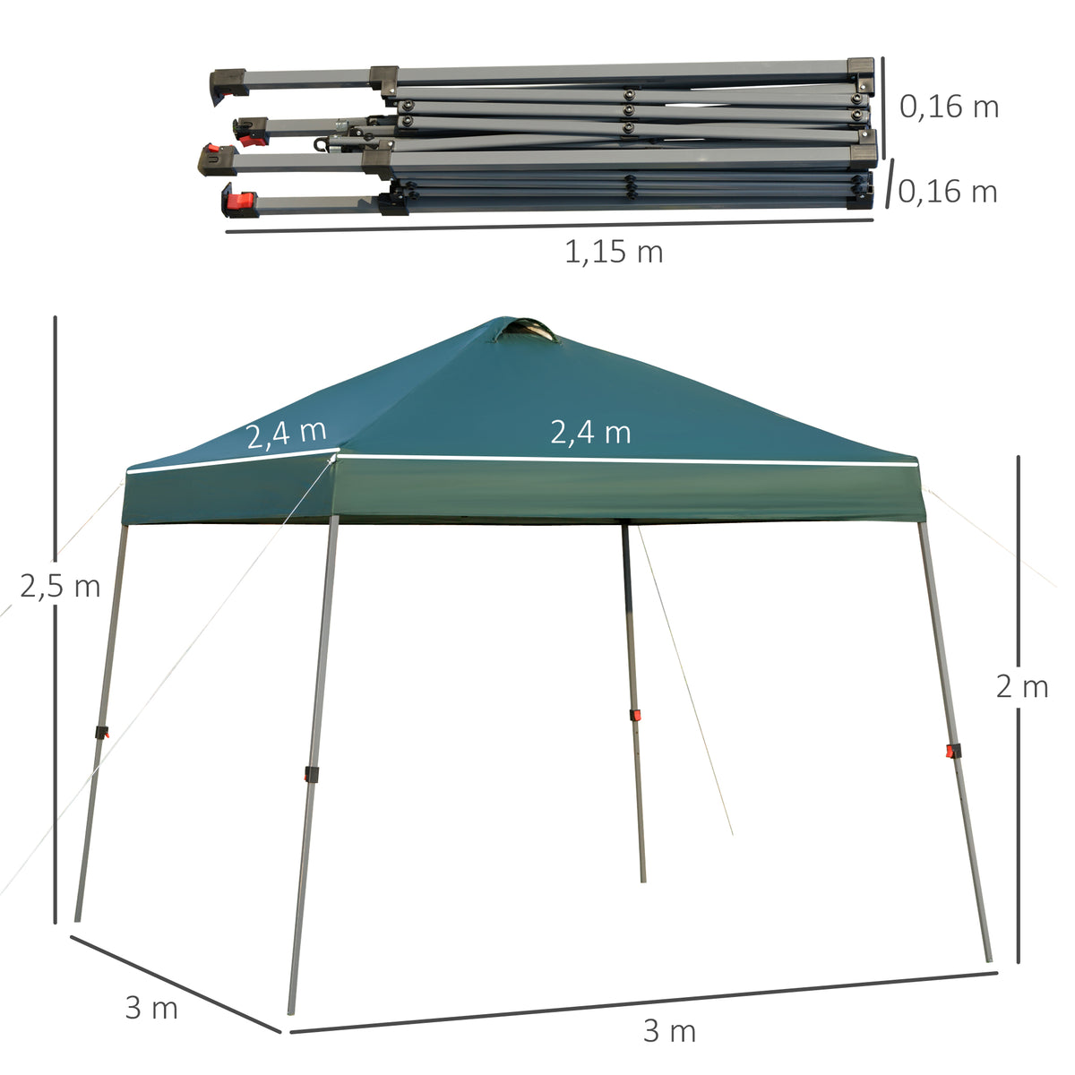 Cenador Plegable Outsunny Verde 300x300x250 Cm Acero Tela Oxford_2