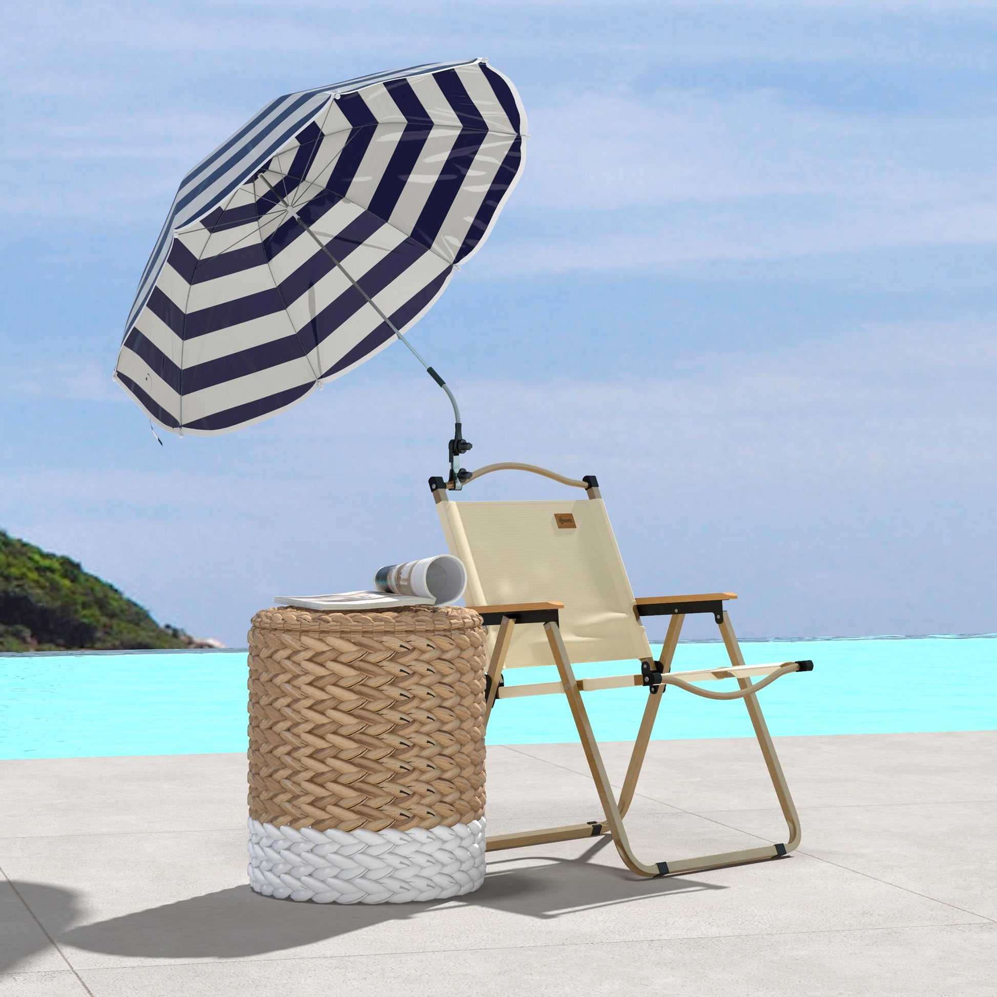 Outsunny Sombrilla Playa Para Silla Ø103x97,5 Cm Con Abrazadera Azul Y Blanco_4