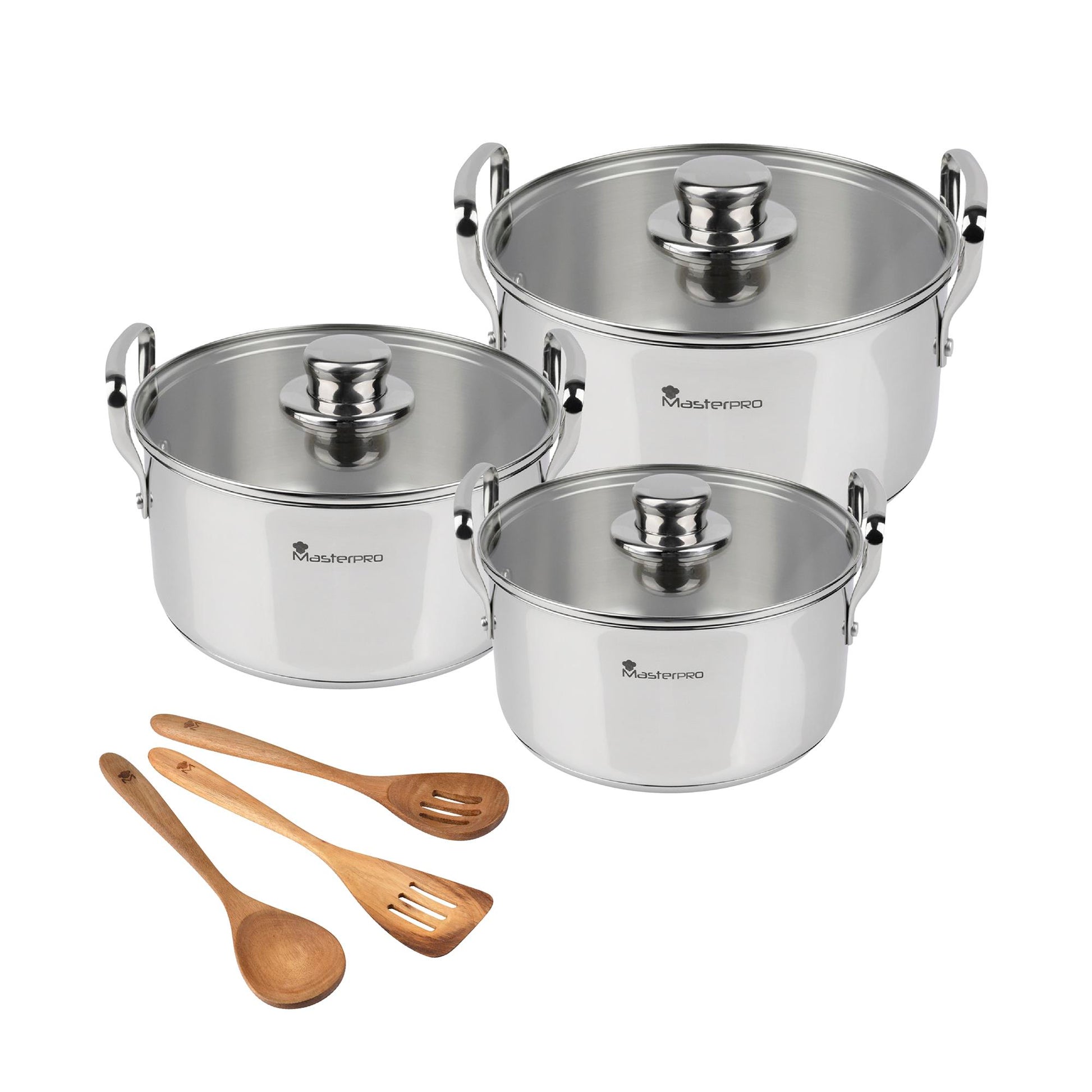 Juego De 3 Cacerolas Con Tapas Ø20ø24ø28cm En Acero Inoxidable Y 3 Utensilios De Cocina Masterpro_0