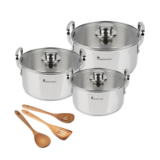 Juego De 3 Cacerolas Con Tapas Ø20ø24ø28cm En Acero Inoxidable Y 3 Utensilios De Cocina Masterpro_0
