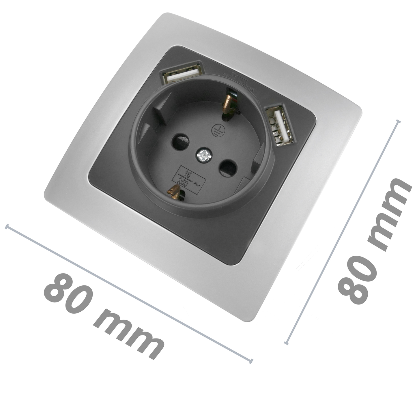 Base De Enchufe Schuko Con Usb 2 X A Hembra 80x80mm Lille Para Empotrar Plata Y Gris_1