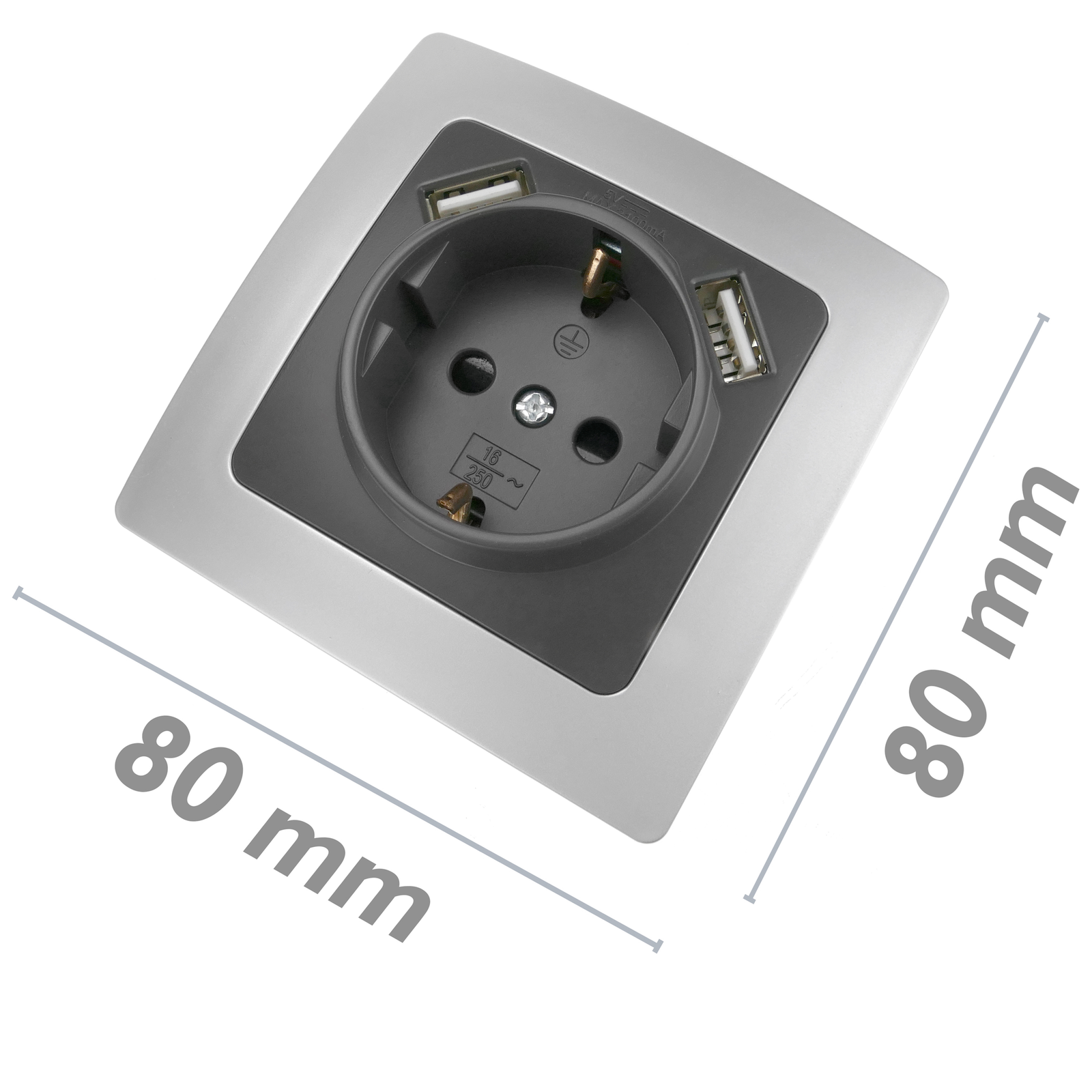 Base De Enchufe Schuko Con Usb 2 X A Hembra 80x80mm Lille Para Empotrar Plata Y Gris_1