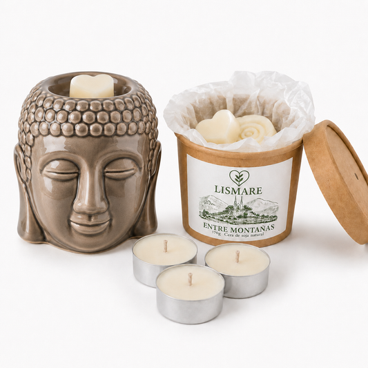Pack aromático natural con quemador Buda – Wax Melts de soja, romero, tomillo y pino + 6 velas de té – Lismare_0